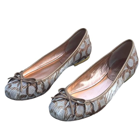 Coach Landon Round Toe Ballet Flat Cream/Gold Fabric Trimmed in Gold Leather 6B - Picture 3 of 6